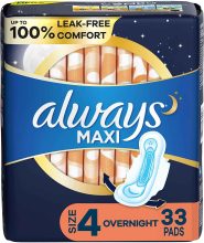33CT Always Maxi Pads Size 4 Overnight Absorbency Unscented w/Wings $4.97